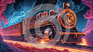 old steam locomotive steam train driving through fire and ice, with lightning sinister