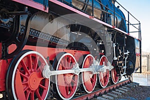 Old steam locomotive, steam transport, retro steam locomotive. The technique to which humanity owes its progress