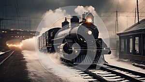 old steam locomotive steampunk train. billowing smoke. traveling, dystopian wasteland. rain.