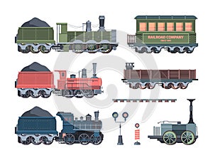 Old steam locomotives set. Comfortable green cars semaphores retro powered trains coal trailers classic rail travel with