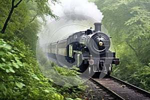 old steam train approaching in dense mist