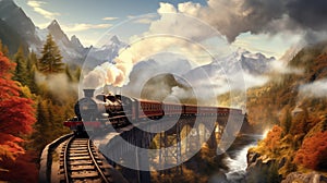 Old steam train on arched bridge in mountain