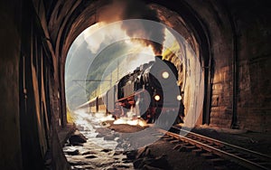 Old steam train pulling into a tunnel belching steam and smoke