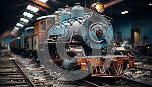 Old steam train on rusty railroad track in abandoned factory generated by AI