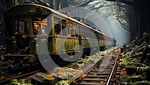 Old steam train speeds through abandoned forest, vanishing into darkness generated by AI