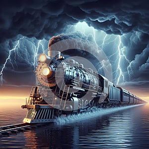 old steam train thunderstorm lake