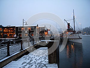 Old steamer at wharf in winter