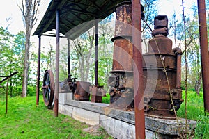 Old steaming threshing machine in Open air Museum of Folk Architecture and Folkways of Middle Naddnipryanschina in Pereyaslav,