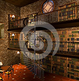 Old steampunk library with soft lights