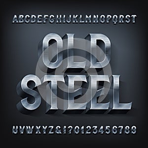 Old Steel alphabet font. 3D metal letters and numbers.