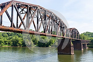 An old steel railroad trestle bridge over the Monongahela River