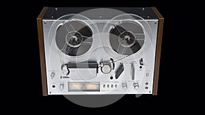 Old steel reel-to-reel tape recorder plays on a transparent background in 4K. With alpha channel