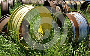 Old steel rims of large tractors