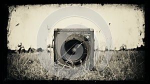 Vintage Black-and-white Photo: Old Speaker In Grassy Field