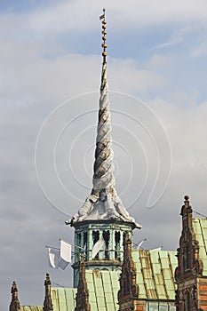 Old stock exchange tower with twisted dragons. Copenhague architecture photo