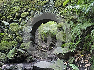 Old stone aqueduct, water duct arc at Cubo de la galga nature park, path in beautiful mysterious Laurel forest photo