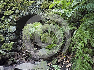 Old stone aqueduct, water duct arc at Cubo de la galga nature park, path in beautiful mysterious Laurel forest photo