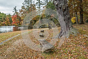 Old stone benches at the lake