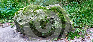 old stone boulder with green moss