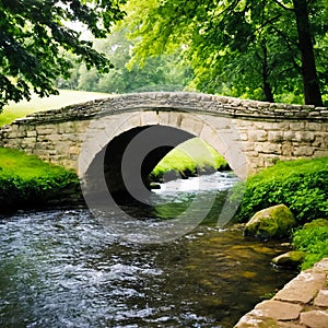 Old stone bridge over the river in the park. Generative AI