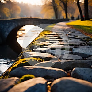 Old stone bridge over the river in the park. Generative AI