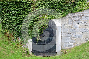 Old stone and cement tomb with black wood doors, all covered in moss