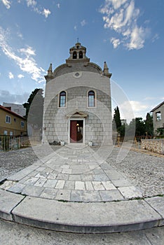 Old stone church exterior, fish eye lens