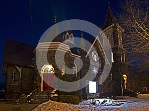 Old Stone Church Lit At Night