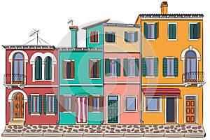 Old stone colorful houses on the island of Burano. Venice.