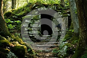 Old stone entrance in the forest with moss and ferns, AI Generated