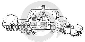 Old stone Europe countryhouse with gardening tools. Cartoon outline house facade, fence, watering can, boots and plants