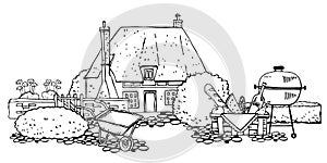 Old stone Europe countryhouse with plants, gardening tools, picnic basket anf grill. Vector sketch hand drawn illustration