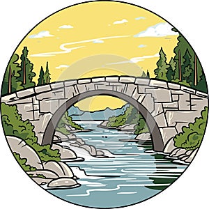 Old stone footbridge over river vector in cartoon style