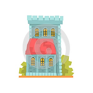 Old stone house with arched windows, ancient architecture building vector Illustration
