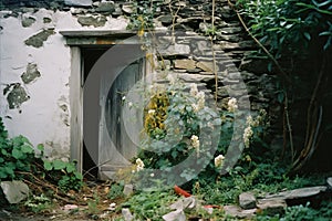 an old stone house with a door and flowers in front of it