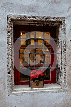 Old stone house`s window decorated with colorful petunia flowers in medieval old town of Tallinn, Estonia