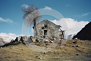 an old stone house sits on top of a hill