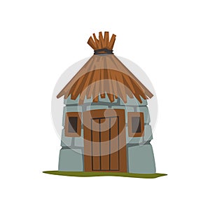 Old stone house with thatched roof vector Illustration on a white background