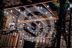 old stone house veranda at night