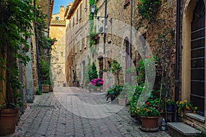 Old stone houses decorated with flowers and green plants, Italy