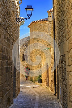 Old stone houses in a medieval village of Ujue in Basque Country, Navarra, Spain