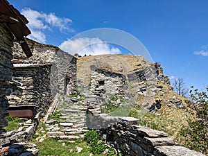 old stone houses in ticino. Derelict stone huts near the Monte Generoso mountain in Lugano. Nice hiking area.Spring time