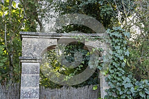 Old stone and ivy entrance arch of an old house