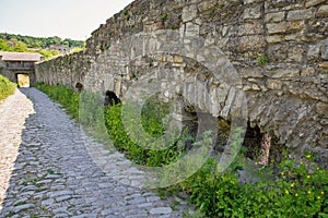 Old stone medieval walls in Kamianets-Podilskyi fortress, Ukraine