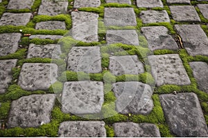 Old stone pavement texture. Cobbles closeup with green grass in the seams. Stone paved walkway in old town. Generative AI.