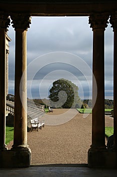 Old stone pillars and courtyard, wrest park, west midlands