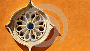 Old Stone Rose Window on an Orange Wall with Copy Space - Generative Ai