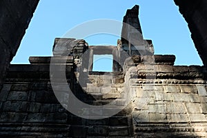 Old stone staircase. Ancient Khmer ruins. Clear blue sky