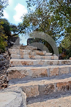 An old stone staircase leads up. Among the green trees to a clear blue sky.