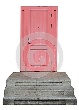 Old stone staircase and new pink door isolated